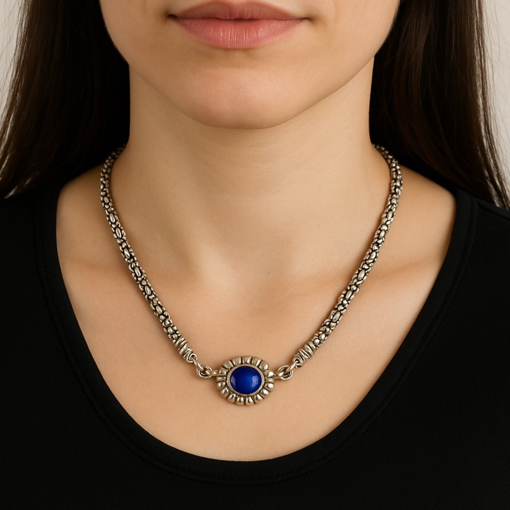 Lagos Caviar Blue Lapis Two Tone Pendant w/ Silver Necklace